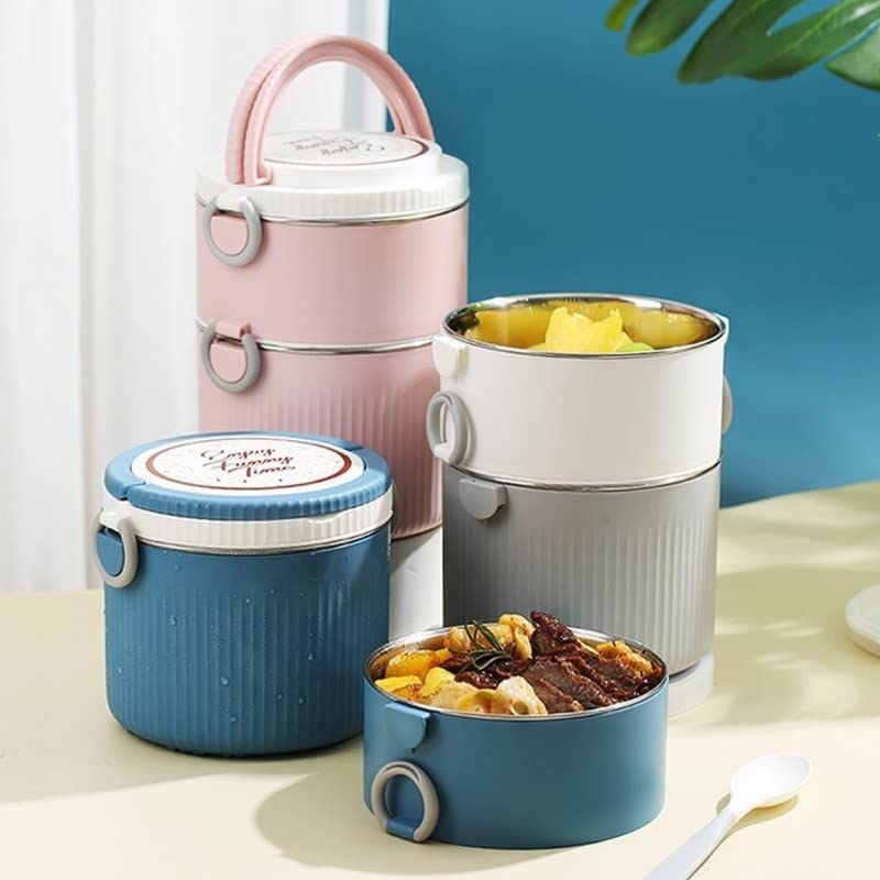 Round Large 2 Layers Lunch Meal Box Adult Lunchbox Container