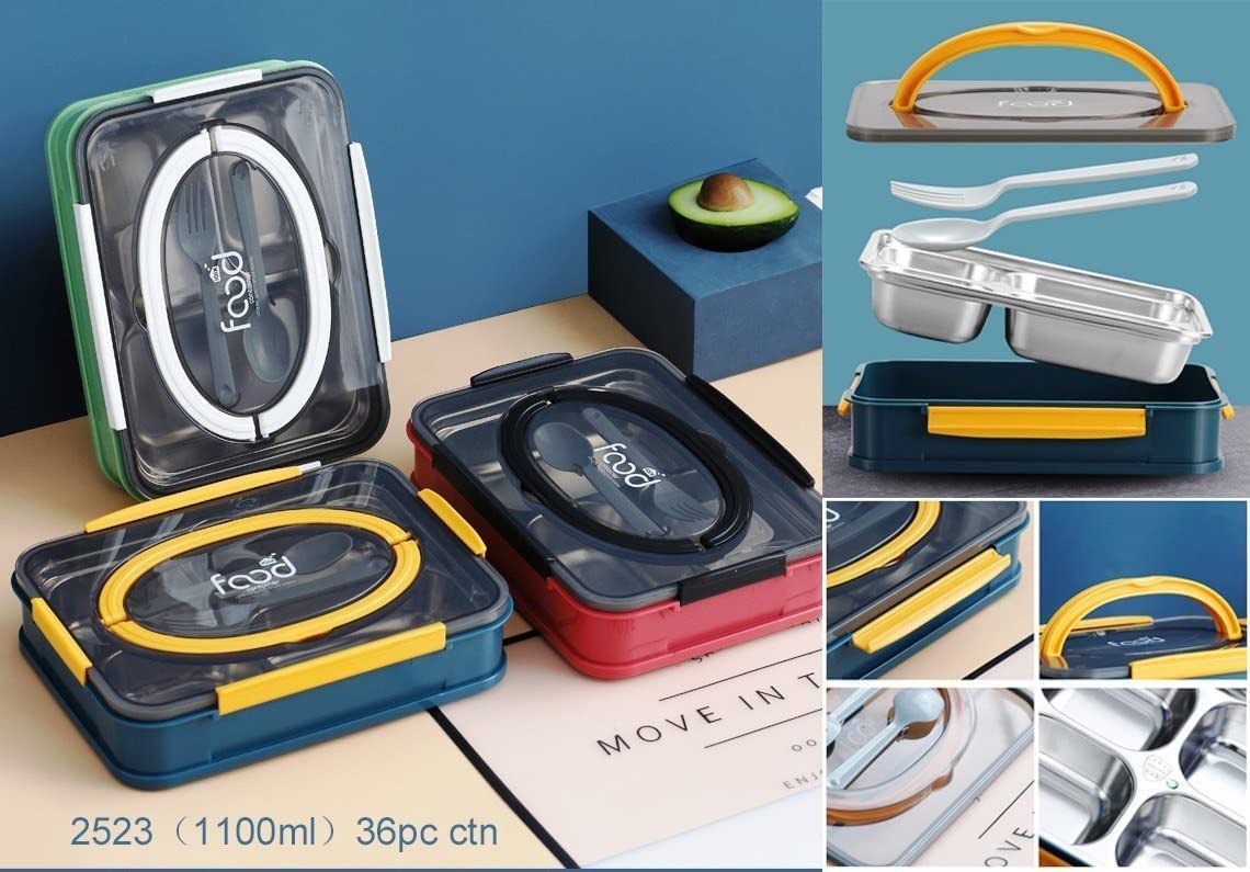 Stainless Steel Lunch Box 4 Compartments, Adult Food Storage Containers Airtight Sealed Lids with Large Capacity. Pack of 1. (4 Compartment Lunch Box with Handle. (1250ml))