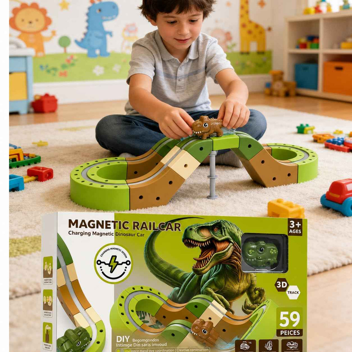 Magnetic Railcar Dinosaur Track Set for Kids 59 Pieces